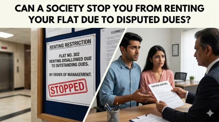 Know whether a housing society can stop you from renting your flat due to disputed dues and what Section 154B-7 of the MCS Act says.